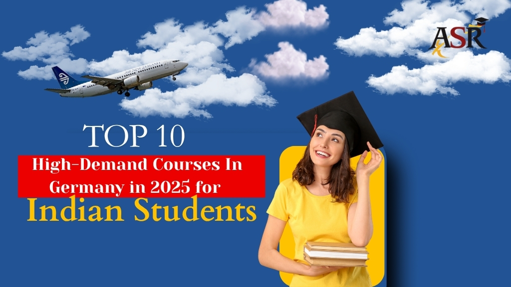 Indian student in graduation cap holding books with airplane background – Top 10 high-demand courses in Germany for Indian students in 2025