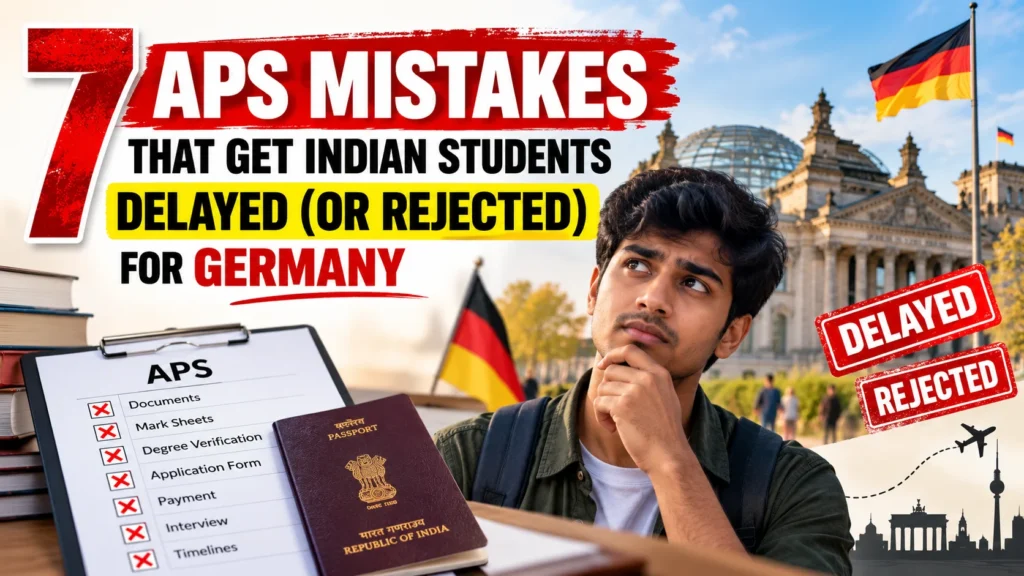 7 common APS Certificate for Germany mistakes that may delay Indian students' applications, featuring an Indian student reviewing APS documents, passport, German flag, and Germany study visa preparation.