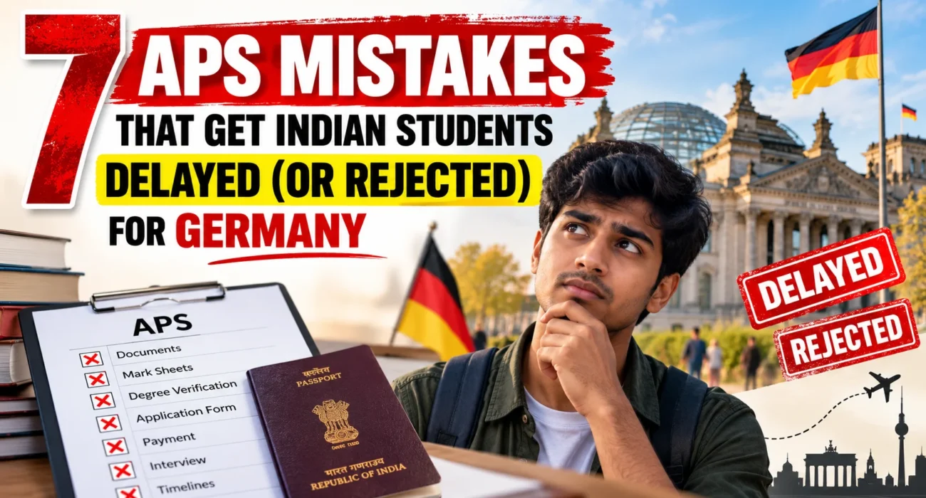 7 common APS Certificate for Germany mistakes that may delay Indian students' applications, featuring an Indian student reviewing APS documents, passport, German flag, and Germany study visa preparation.