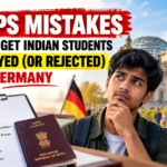 7 common APS Certificate for Germany mistakes that may delay Indian students' applications, featuring an Indian student reviewing APS documents, passport, German flag, and Germany study visa preparation.