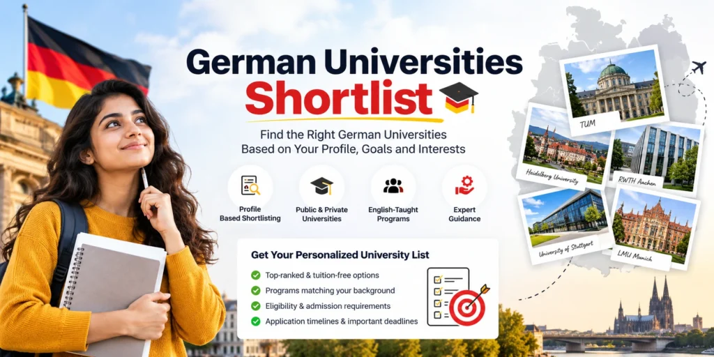 A student exploring German universities, with university campus images and personalized university shortlisting services for Indian students planning to study in Germany.
