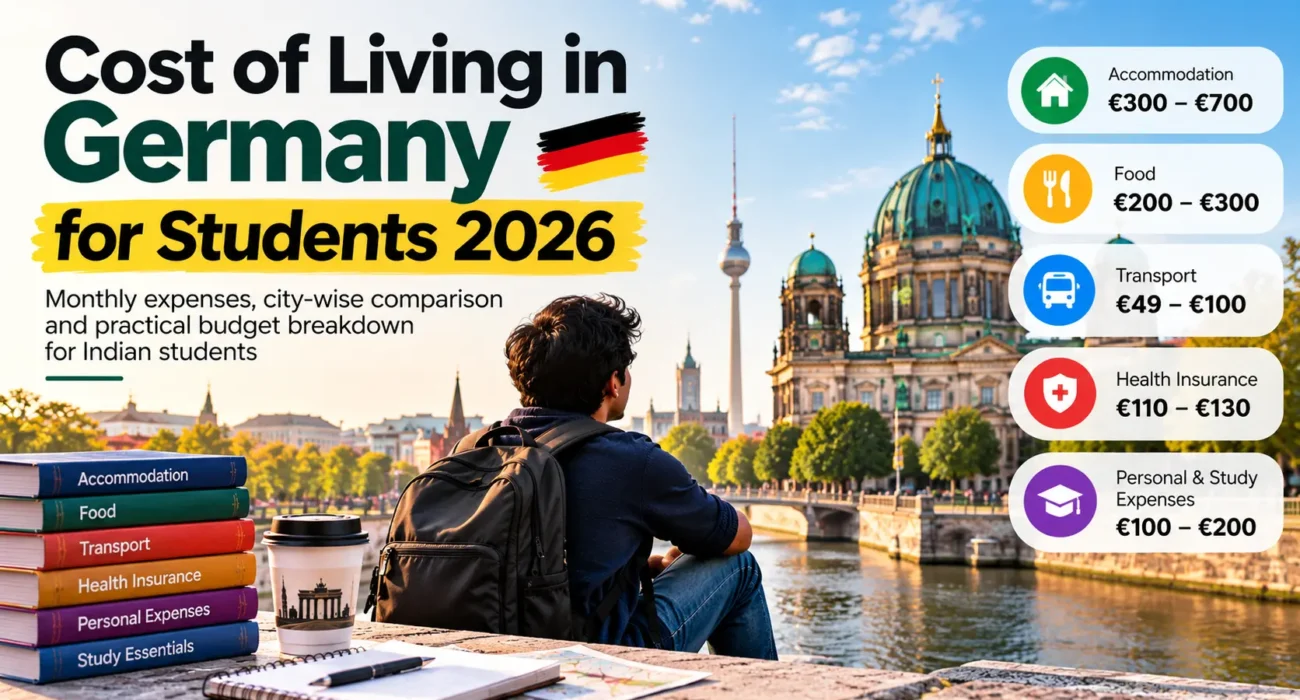 Cost of Living in Germany for Students, showing monthly expenses for accommodation, food, transport, health insurance, and personal and study expenses.