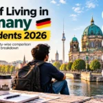 Cost of Living in Germany for Students, showing monthly expenses for accommodation, food, transport, health insurance, and personal and study expenses.