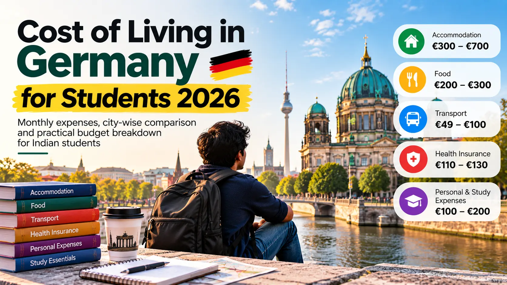 Cost of Living in Germany for Students, showing monthly expenses for accommodation, food, transport, health insurance, and personal and study expenses.
