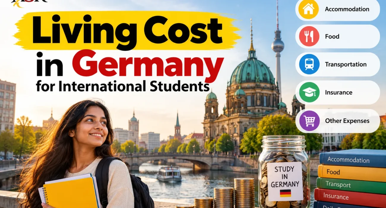 Living cost in Germany for international students, featuring accommodation, food, transportation, health insurance, and daily expenses with a Berlin cityscape and student.