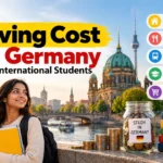 Living cost in Germany for international students, featuring accommodation, food, transportation, health insurance, and daily expenses with a Berlin cityscape and student.