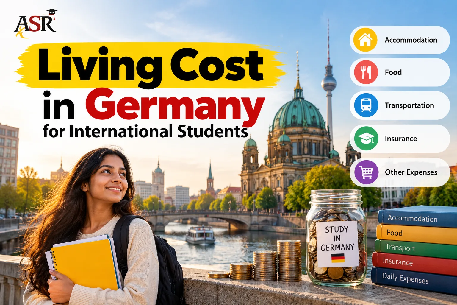 Living cost in Germany for international students, featuring accommodation, food, transportation, health insurance, and daily expenses with a Berlin cityscape and student.