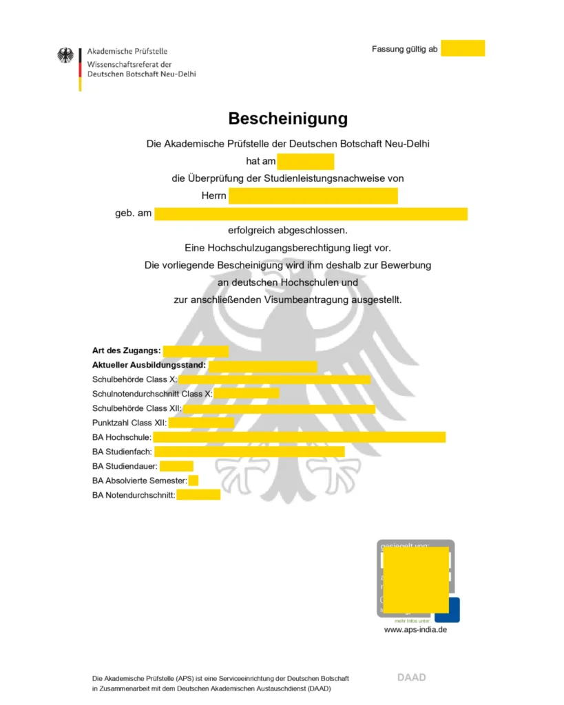 APS India Certificate for study In germany